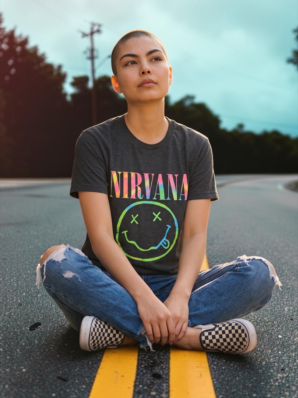 NIRVANA Rainbow Neon Logo Tee - Charcoal